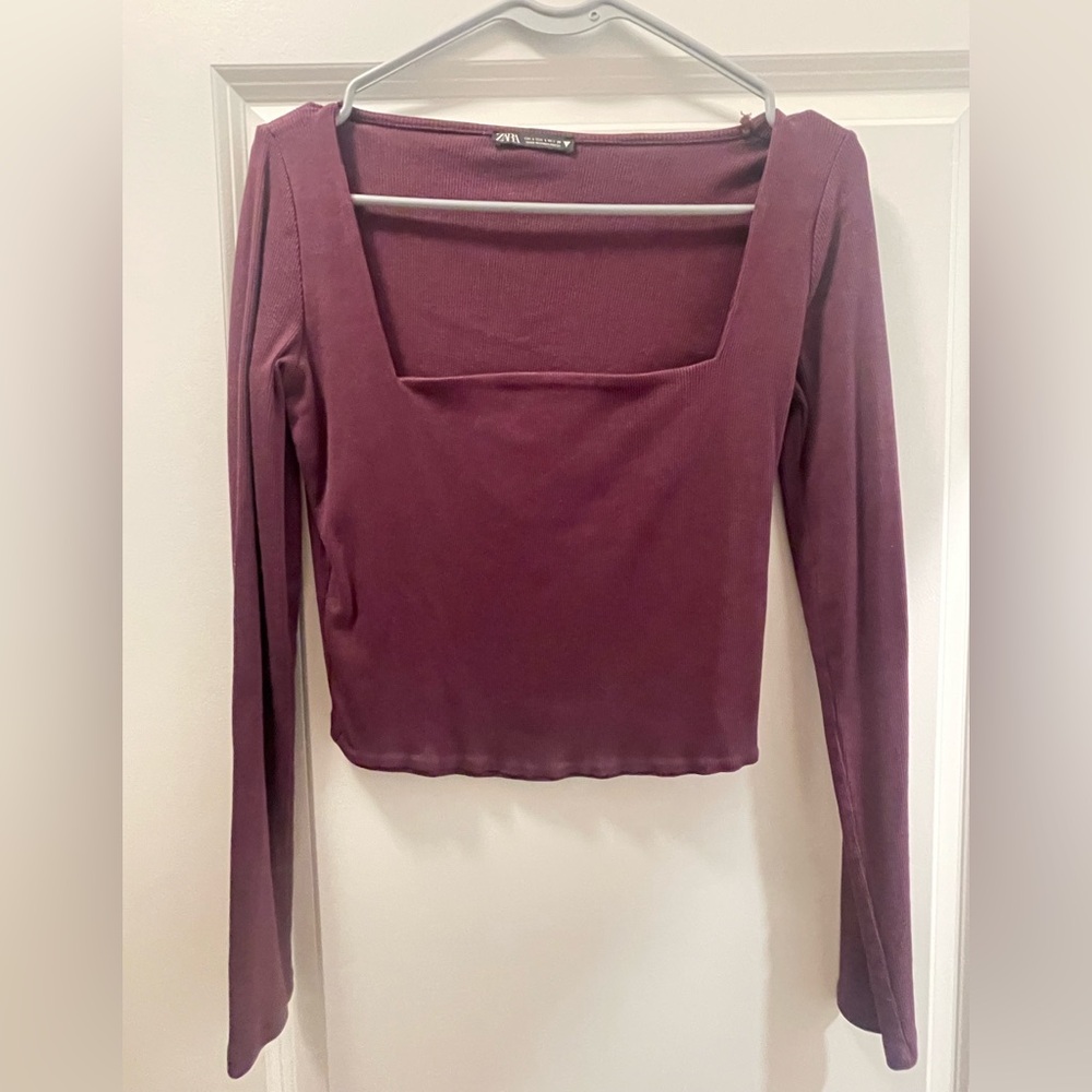 Zara Plum Fitted Crop Long Sleeve Blouse